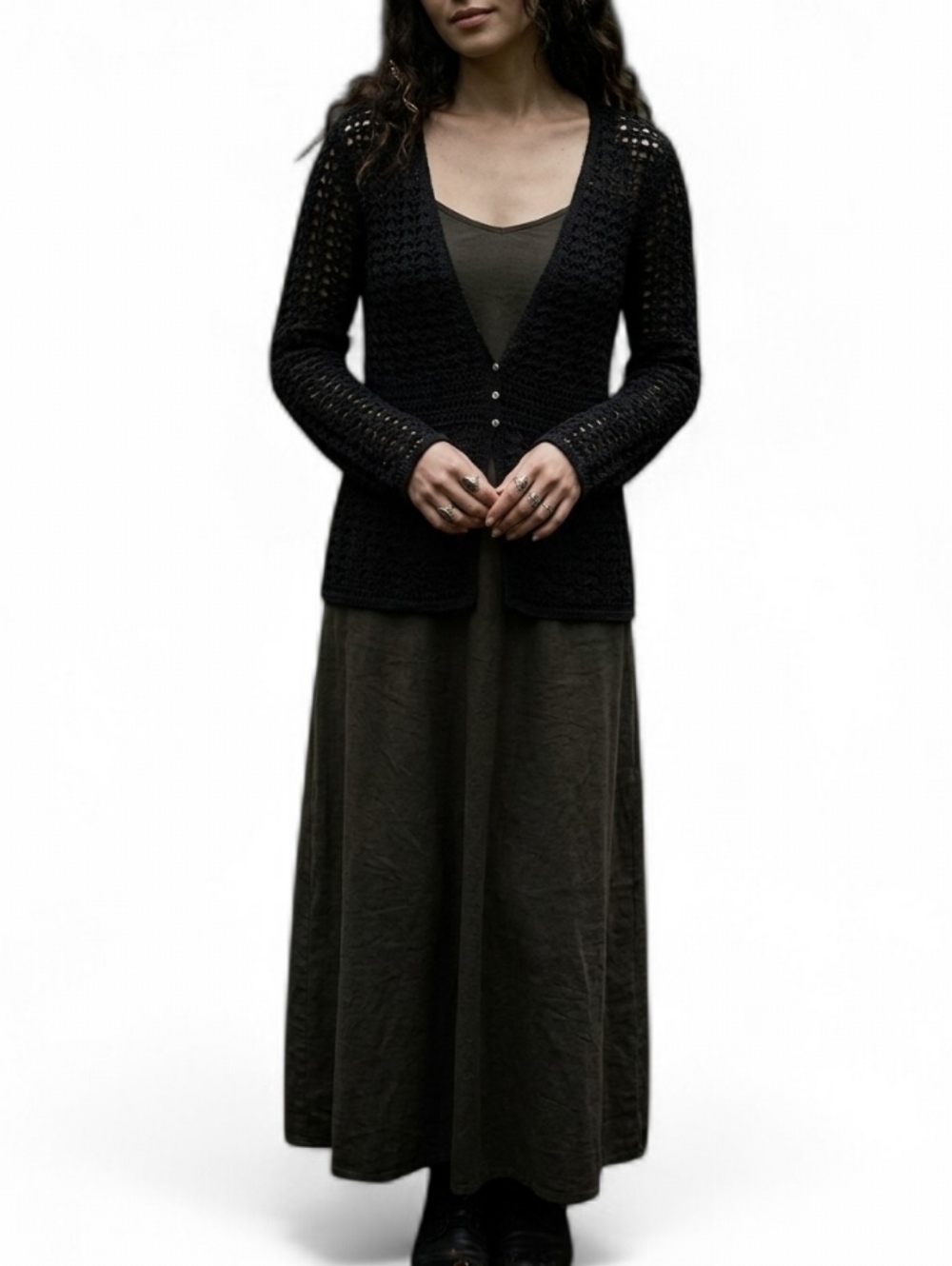 Black Crochet Lace Cardigan Open Knit Boho Whimsigoth V-Neck Button Front